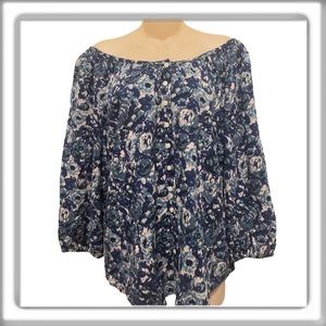 Lucky Brand Blue Button Down Floral Watercolor Peasant Top Blouse Size Small